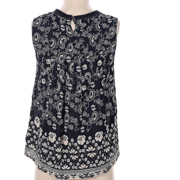 Sea New York Navy Blue White Cream Floral Keyhole Button Back Tank Top Size 4 - Picture 2 of 5